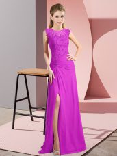 Chic Floor Length Zipper Homecoming Dress Fuchsia for Prom and Party and Military Ball with Beading