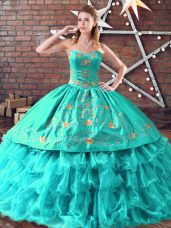 Aqua Blue Quinceanera Dress Sweet 16 and Quinceanera with Embroidery and Ruffled Layers Sweetheart Sleeveless Lace Up