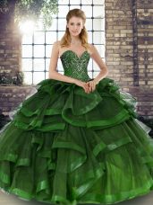 Green Tulle Lace Up Sweetheart Sleeveless Floor Length Quinceanera Gowns Beading and Ruffles