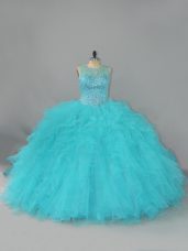 Sweet Aqua Blue Scoop Lace Up Beading and Ruffles Quinceanera Dresses Sleeveless