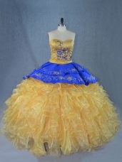 Fine Gold Ball Gowns Embroidery and Ruffles Quince Ball Gowns Lace Up Organza Sleeveless