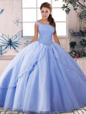 Chic Lavender Ball Gowns Off The Shoulder Sleeveless Tulle Brush Train Lace Up Beading 15th Birthday Dress