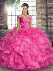 Hot Pink Lace Up Off The Shoulder Beading and Ruffles Quinceanera Gown Organza Sleeveless