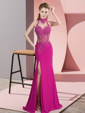 Superior Sleeveless Chiffon Floor Length Backless Dress for Prom in Fuchsia with Lace and Appliques