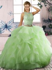 Decent Yellow Green Lace Up Scoop Beading and Ruffles Sweet 16 Quinceanera Dress Tulle Sleeveless