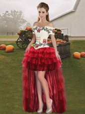 Glorious Wine Red A-line Embroidery and Ruffled Layers Winning Pageant Gowns Lace Up Organza Sleeveless High Low