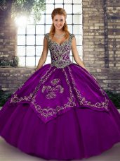 Vintage Purple Ball Gowns Beading and Embroidery Ball Gown Prom Dress Lace Up Tulle Sleeveless Floor Length