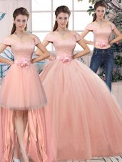 Floor Length Pink Sweet 16 Dresses Off The Shoulder Short Sleeves Lace Up