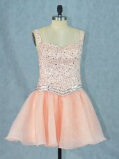 Peach A-line Straps Sleeveless Organza Mini Length Lace Up Beading Evening Dress