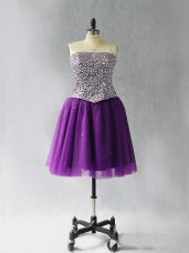 Pretty Purple A-line Tulle Strapless Sleeveless Beading Mini Length Lace Up