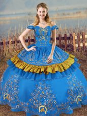 Hot Selling Ball Gowns Sweet 16 Dresses Blue Off The Shoulder Satin Sleeveless Floor Length Lace Up