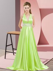 Vintage Yellow Green Elastic Woven Satin Backless V-neck Sleeveless Evening Dress Brush Train Beading