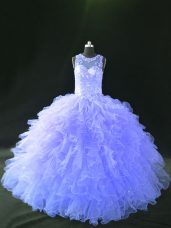 Sleeveless Tulle Floor Length Lace Up Sweet 16 Quinceanera Dress in Lavender with Beading and Ruffles