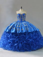 Sleeveless Embroidery and Ruffles Lace Up Ball Gown Prom Dress with Royal Blue