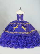 Purple Ball Gowns Embroidery and Ruffled Layers Quinceanera Dress Lace Up Organza Sleeveless