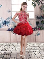 Halter Top Sleeveless Organza Prom Gown Beading and Ruffled Layers Lace Up