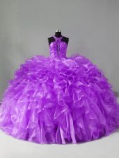 Ideal Purple Organza Zipper Quinceanera Gowns Sleeveless Brush Train Beading and Ruffles