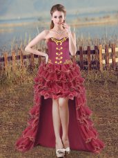 Burgundy Organza Lace Up Sweetheart Sleeveless High Low Pageant Dress for Womens Embroidery and Ruffles