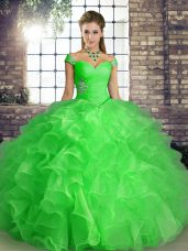 Green Lace Up Off The Shoulder Beading and Ruffles 15th Birthday Dress Organza Sleeveless