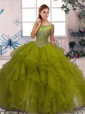 Olive Green Sweet 16 Dress Military Ball and Sweet 16 and Quinceanera with Beading and Ruffles Scoop Sleeveless Zipper