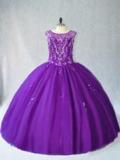 Purple Lace Up Sweet 16 Dress Beading and Appliques Sleeveless Floor Length