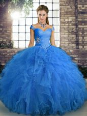 Dynamic Blue Off The Shoulder Neckline Beading and Ruffles Quince Ball Gowns Sleeveless Lace Up