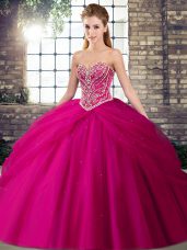 Fantastic Fuchsia Sleeveless Tulle Brush Train Lace Up Quinceanera Gown for Military Ball and Sweet 16 and Quinceanera