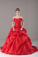 Classical Red Ball Gowns Off The Shoulder Sleeveless Taffeta Brush Train Lace Up Ruching and Pick Ups and Hand Made Flower Quinceanera Dress