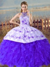 Customized Embroidery and Ruffles Quinceanera Gown Blue Lace Up Sleeveless Court Train