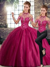 Nice Sleeveless Tulle Brush Train Lace Up Quinceanera Dress in Fuchsia with Beading