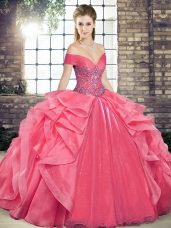 Sumptuous Coral Red Ball Gowns Off The Shoulder Sleeveless Organza Floor Length Lace Up Beading and Ruffles Quinceanera Gown