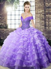 Off The Shoulder Sleeveless Brush Train Lace Up Quinceanera Dresses Lavender Organza