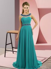 Teal Chiffon Zipper Scoop Sleeveless Evening Gowns Brush Train Beading