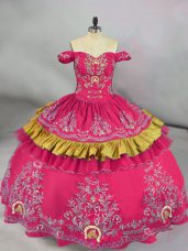 Latest Hot Pink Sweet 16 Dresses Sweet 16 and Quinceanera with Embroidery Off The Shoulder Sleeveless Lace Up