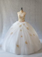 Fancy White Tulle Lace Up Quinceanera Dress Sleeveless Brush Train Appliques