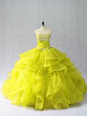 Affordable Yellow Green Ball Gowns Organza Sweetheart Sleeveless Beading and Ruffles Floor Length Lace Up Vestidos de Quinceanera