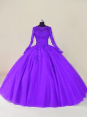 Fantastic Lace and Appliques 15th Birthday Dress Purple Zipper Long Sleeves Floor Length