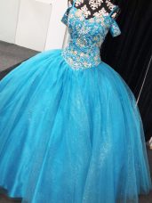 Straps Sleeveless Quinceanera Dress Floor Length Beading Baby Blue Tulle