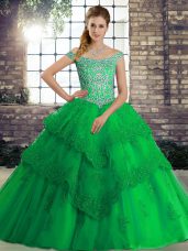 Decent Green Lace Up Off The Shoulder Beading and Lace Ball Gown Prom Dress Tulle Sleeveless Brush Train