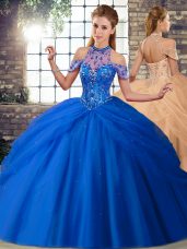 Blue Tulle Lace Up Quinceanera Dress Sleeveless Brush Train Beading and Pick Ups