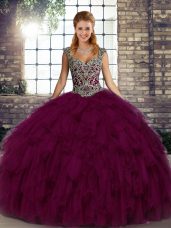 Fashion Beading and Ruffles 15th Birthday Dress Dark Purple Lace Up Sleeveless Floor Length