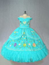 Beautiful Sleeveless Lace Up Floor Length Embroidery 15th Birthday Dress