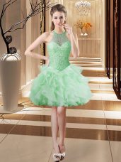 Glorious Halter Top Sleeveless Party Dresses Mini Length Beading and Ruffles Apple Green Tulle