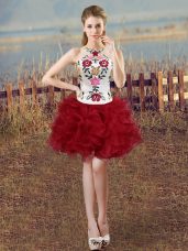 Glittering White And Red Sleeveless Embroidery and Ruffles Mini Length Custom Made