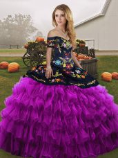 Discount Black And Purple Ball Gowns Organza Off The Shoulder Sleeveless Embroidery and Ruffled Layers Floor Length Lace Up Quinceanera Gowns