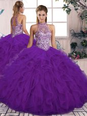 Tulle Halter Top Sleeveless Lace Up Beading and Ruffles Quinceanera Dresses in Purple