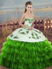 Superior Green Organza Lace Up Sweetheart Sleeveless Floor Length Vestidos de Quinceanera Embroidery and Ruffled Layers and Bowknot