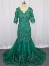 Beauteous Half Sleeves Brush Train Lace and Appliques Lace Up Prom Dresses