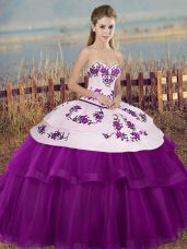 Floor Length White And Purple Vestidos de Quinceanera Tulle Sleeveless Embroidery and Bowknot