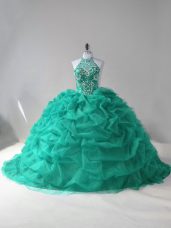 Lace Up Quinceanera Dresses Turquoise for Sweet 16 and Quinceanera with Beading and Pick Ups Court Train